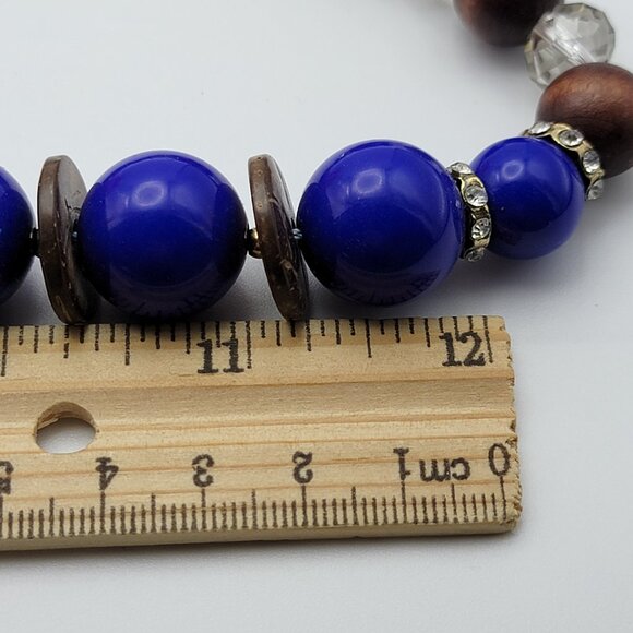 Royal Blue Multi Strand Wooden Bead Necklace Layered Gold Tone Statement 26" - Picture 8 of 8
